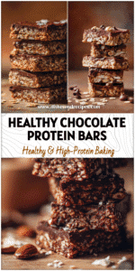 Stacked chocolate protein oat bars made with oats and vegan ingredients, looking like healthy protein granola bars.